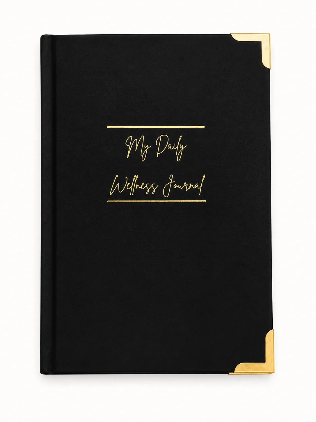 My Daily Wellness Journal black cover with gold lettering and gold corner accents