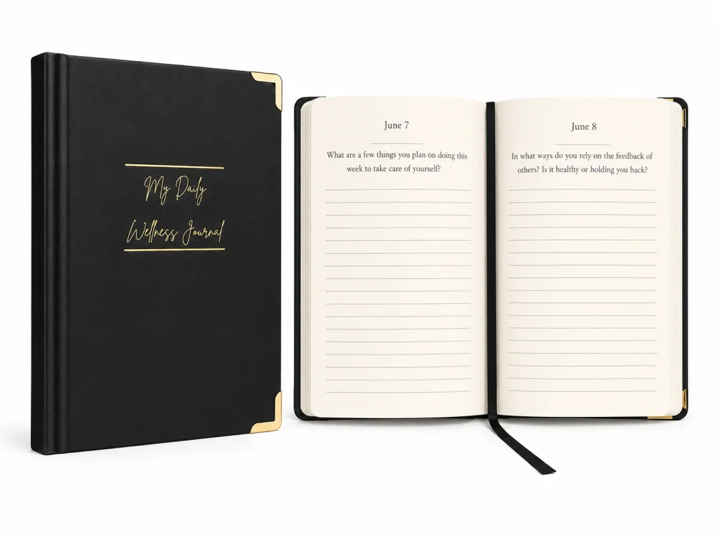 Daily Self Wellness journal cover with open interior pages on a clean light background
