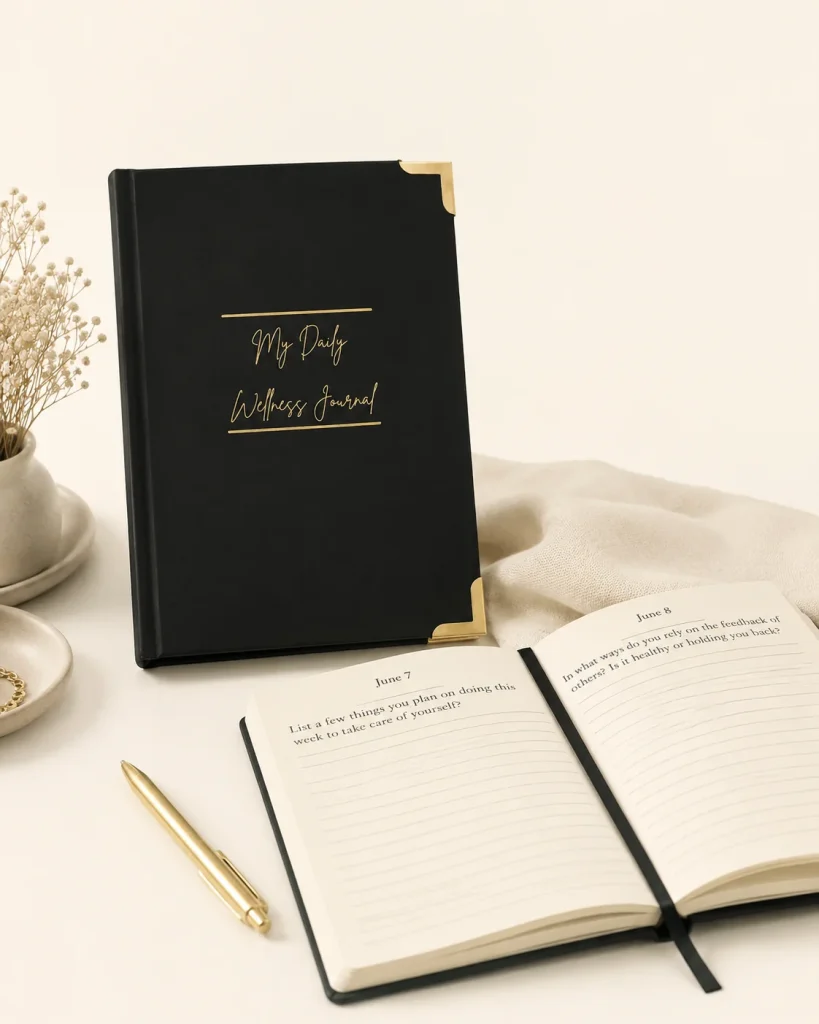 My Daily Wellness Journal displayed beside open guided reflection pages